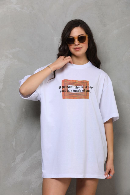 Bisiklet Yaka Baskılı Oversize T-Shirt - Beyaz -