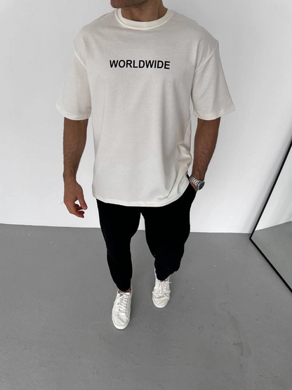 Bisiklet Yaka Baskılı Oversize T-Shirt - Beyaz -