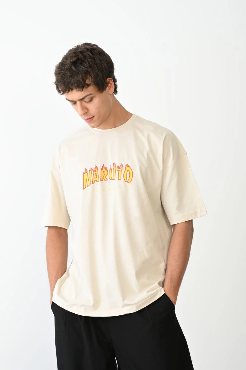 Bisiklet Yaka Baskılı Oversize T-Shirt - Beyaz -