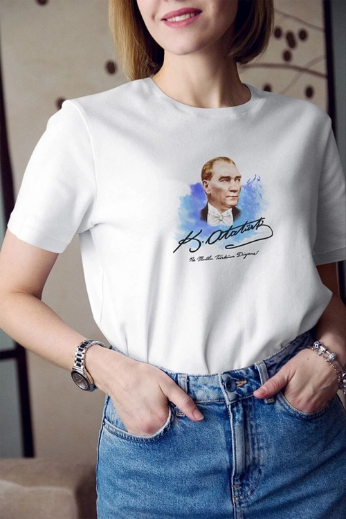 Bisiklet Yaka Baskılı Oversize T-Shirt - Beyaz -