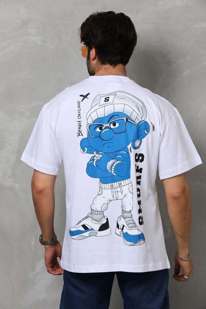 Bisiklet Yaka Baskılı Oversize T-Shirt - Beyaz -