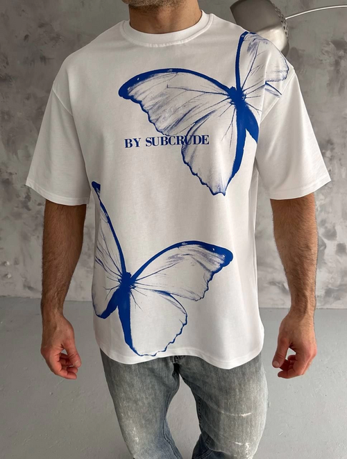 Bisiklet Yaka Baskılı Oversize T-Shirt - Beyaz