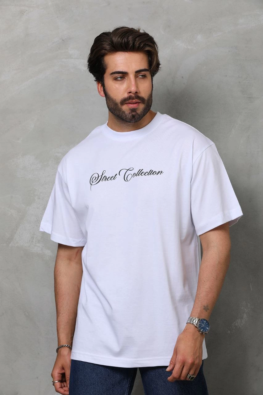 Bisiklet Yaka Baskılı Oversize T-Shirt - Beyaz