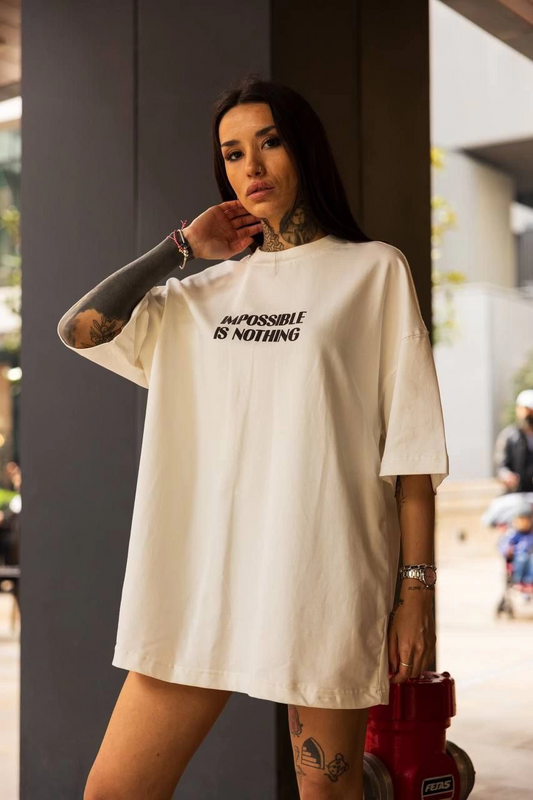Bisiklet Yaka Baskılı Oversize T-Shirt - Beyaz -