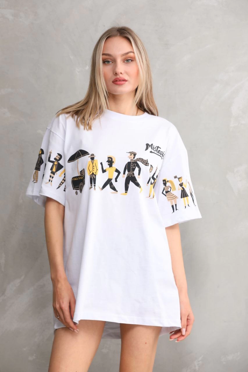 Bisiklet Yaka Baskılı Oversize T-Shirt - Beyaz -