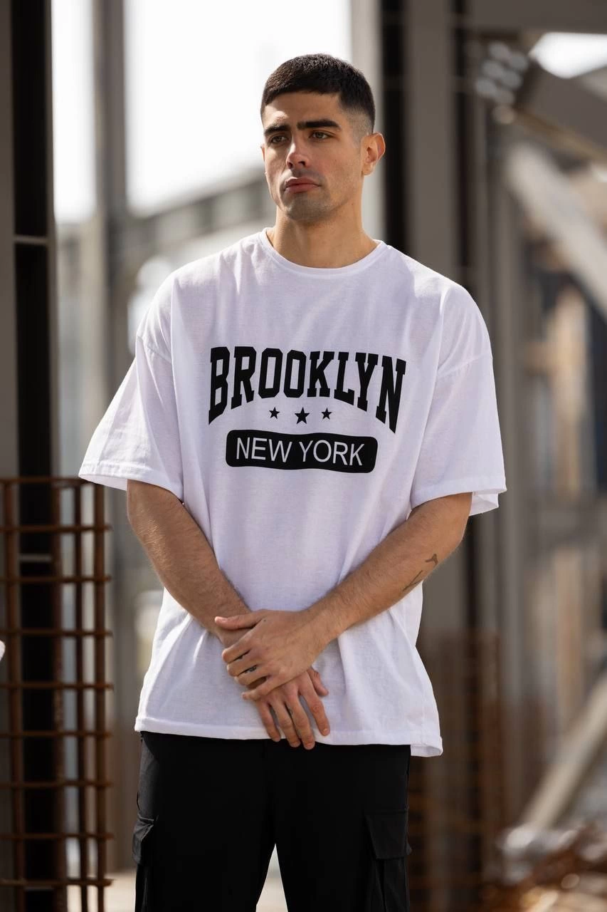 Bisiklet Yaka Baskılı Oversize T-Shirt - Beyaz -