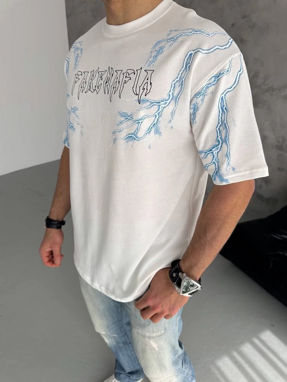 Bisiklet Yaka Baskılı Oversize T-Shirt - Beyaz