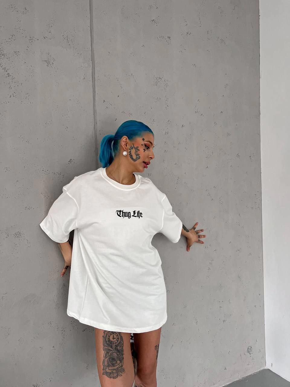 Bisiklet Yaka Baskılı Oversize T-Shirt - Beyaz -