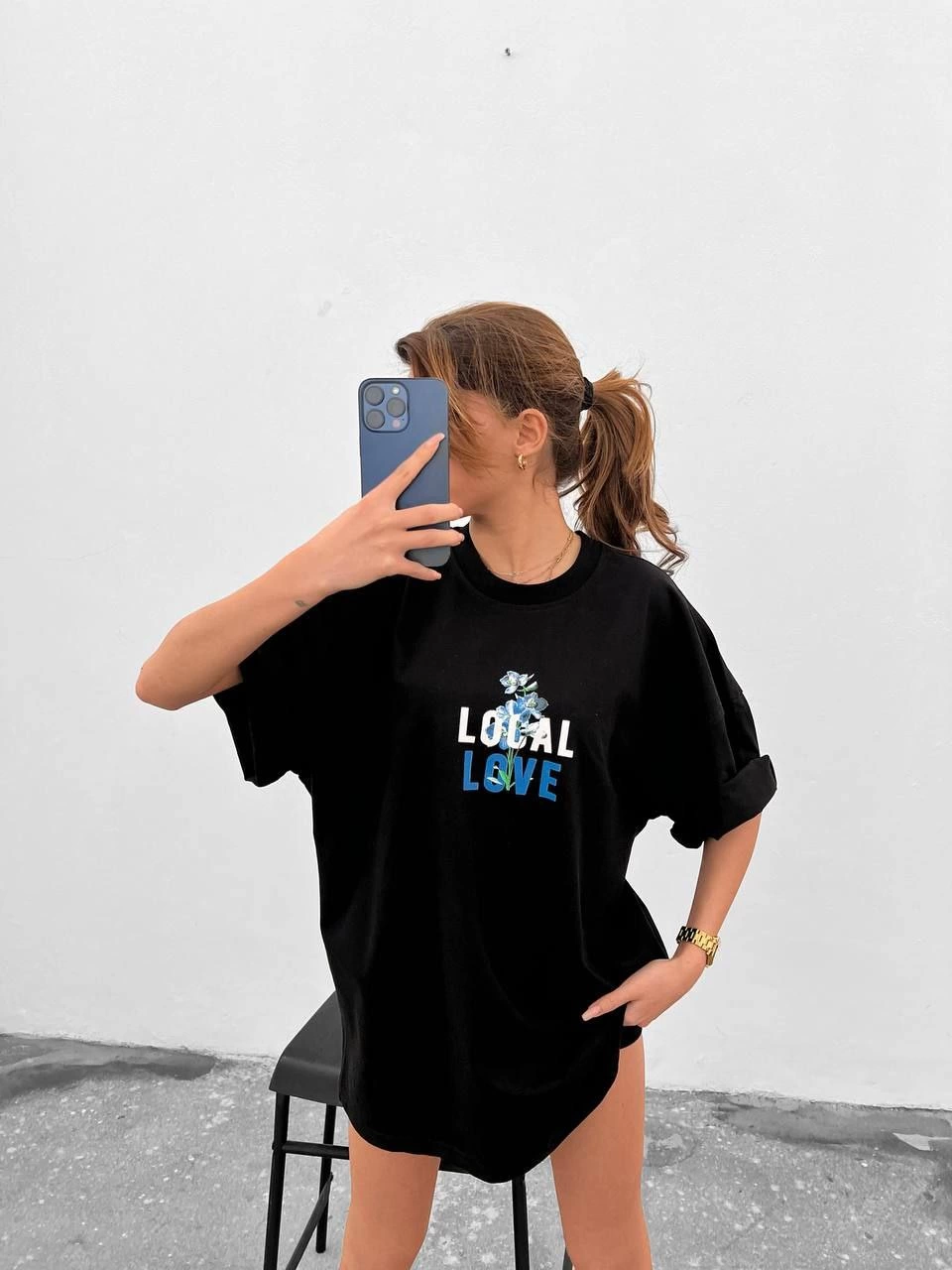 Bisiklet Yaka Baskılı Oversize T-Shirt - Siyah -
