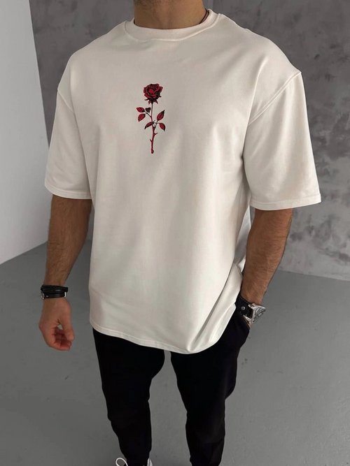 Bisiklet Yaka Baskılı Oversize T-Shirt - Beyaz -