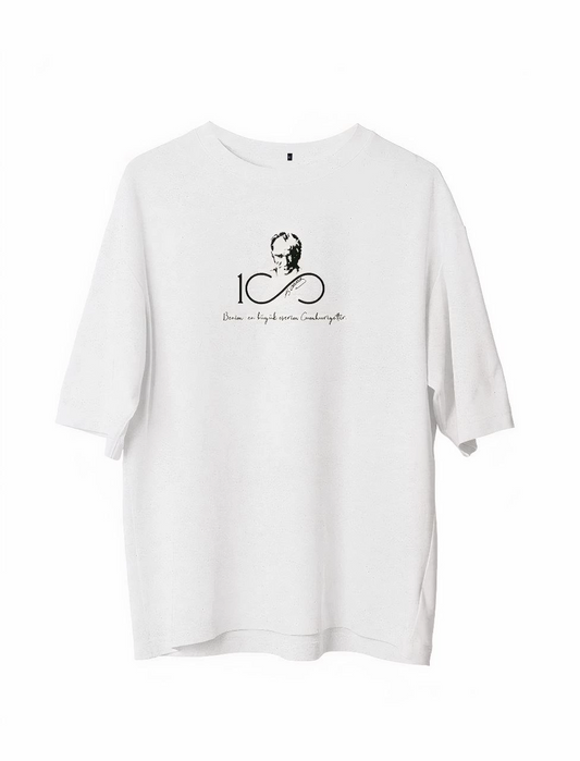 Bisiklet Yaka Baskılı Oversize T-Shirt - Beyaz -
