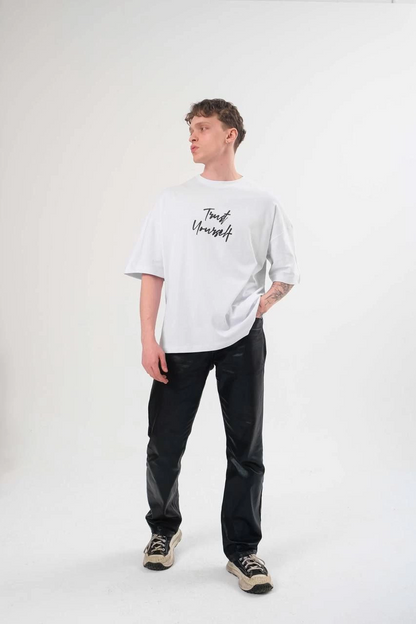 Bisiklet Yaka Baskılı Oversize T-Shirt - Beyaz -