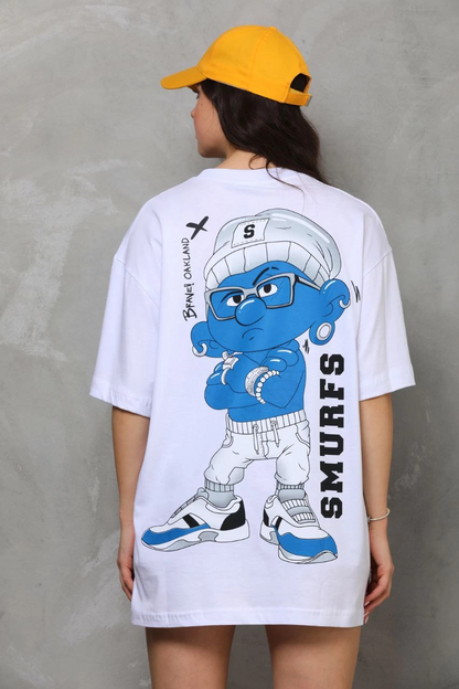 Bisiklet Yaka Baskılı Oversize T-Shirt - Beyaz -