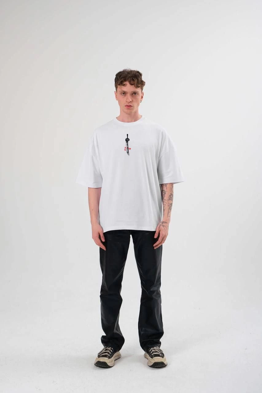 Bisiklet Yaka Baskılı Oversize T-Shirt - Beyaz -