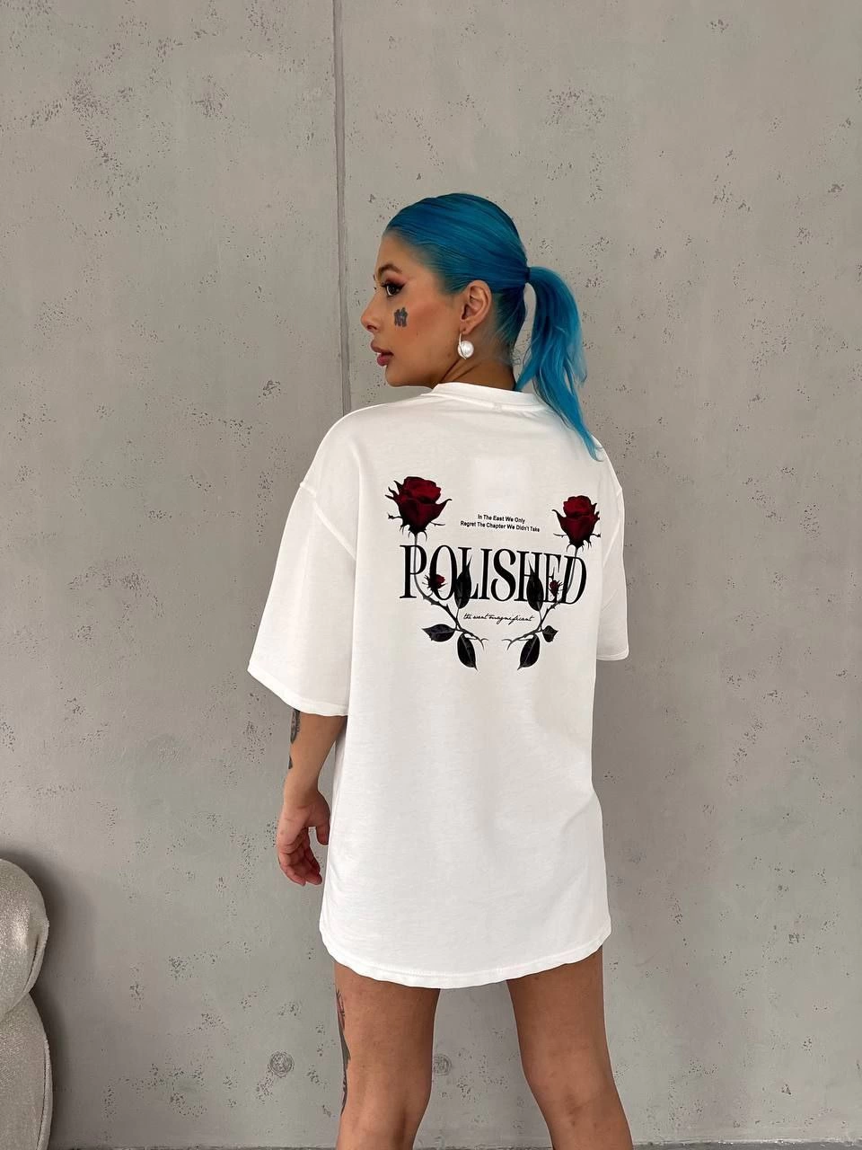 Bisiklet Yaka Baskılı Oversize T-Shirt - Beyaz -