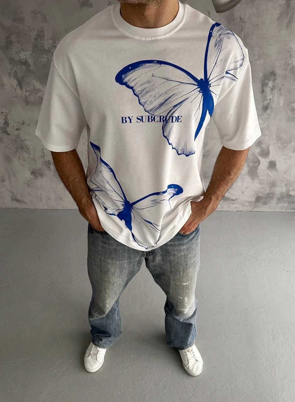 Bisiklet Yaka Baskılı Oversize T-Shirt - Beyaz