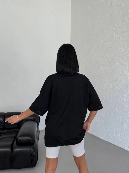 Bisiklet Yaka Baskılı Oversize T-Shirt - Siyah -