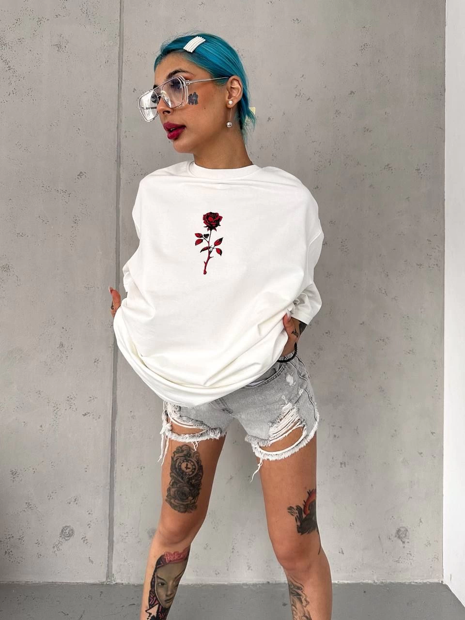 Bisiklet Yaka Baskılı Oversize T-Shirt - Beyaz -