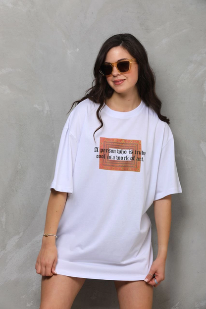 Bisiklet Yaka Baskılı Oversize T-Shirt - Beyaz -