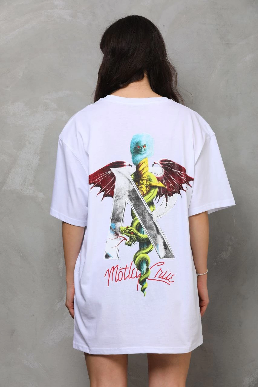 Bisiklet Yaka Baskılı Oversize T-Shirt - Beyaz -