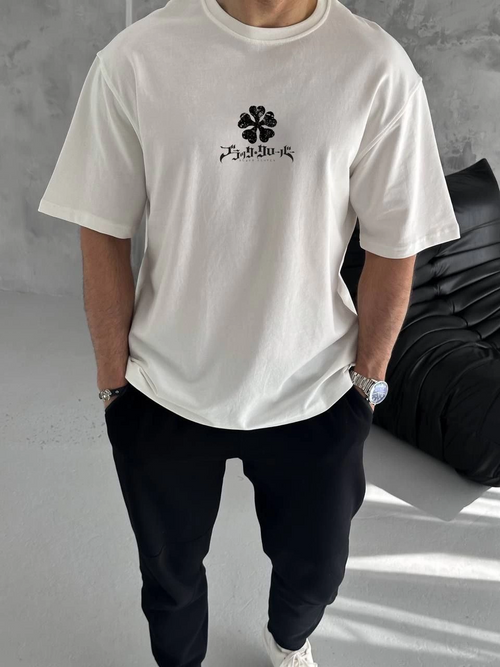 Bisiklet Yaka Baskılı Oversize T-Shirt - Beyaz -