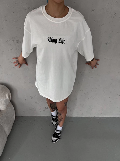 Bisiklet Yaka Baskılı Oversize T-Shirt - Beyaz -