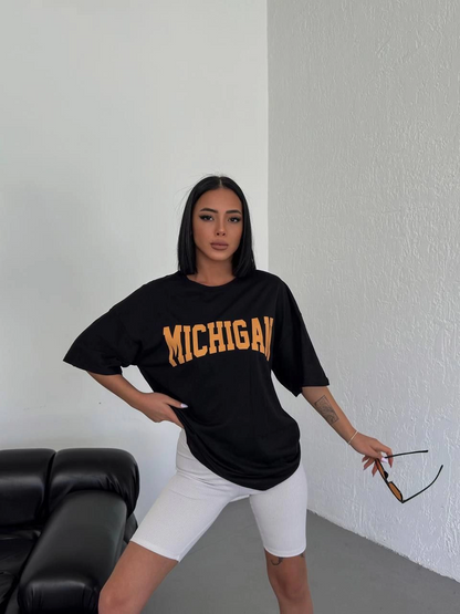 Bisiklet Yaka Baskılı Oversize T-Shirt - Siyah -
