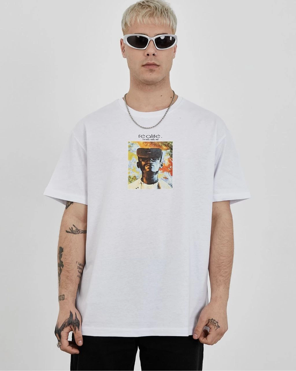 Bisiklet Yaka Baskılı Oversize T-Shirt - Beyaz