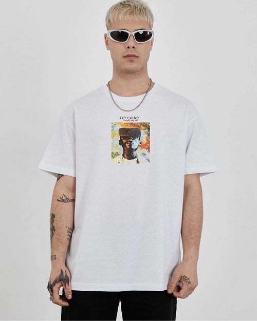 Bisiklet Yaka Baskılı Oversize T-Shirt - Beyaz