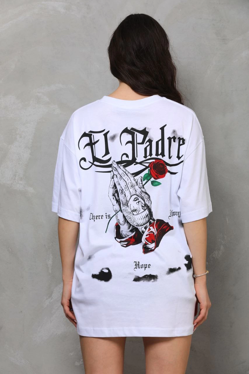 Bisiklet Yaka Baskılı Oversize T-Shirt - Beyaz -