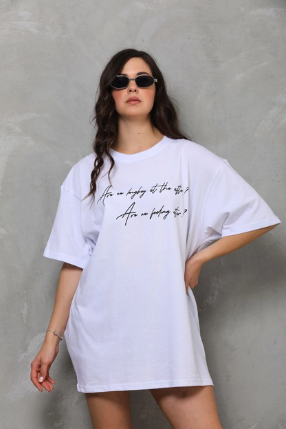 Bisiklet Yaka Baskılı Oversize T-Shirt - Beyaz