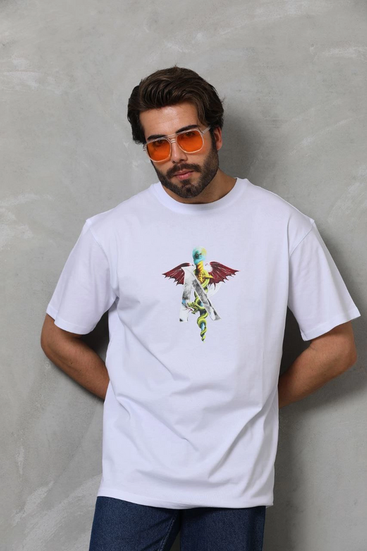 Bisiklet Yaka Baskılı Oversize T-Shirt - Beyaz -