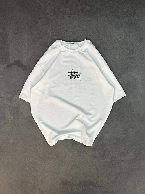 Bisiklet Yaka Baskılı Oversize T-Shirt - Beyaz -