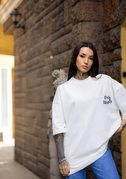 Bisiklet Yaka Baskılı Oversize T-Shirt - Beyaz -