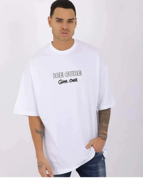 Bisiklet Yaka Baskılı Oversize T-Shirt - Beyaz