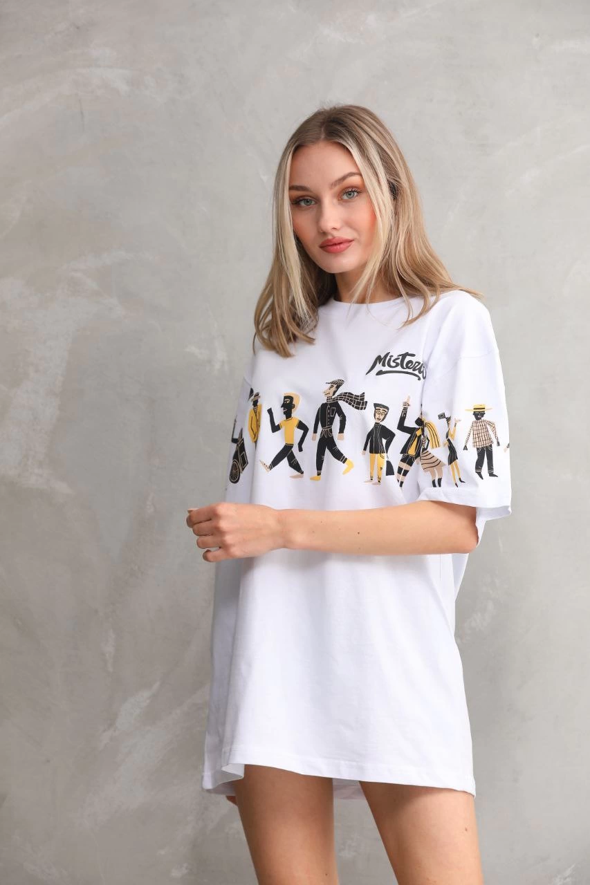 Bisiklet Yaka Baskılı Oversize T-Shirt - Beyaz -