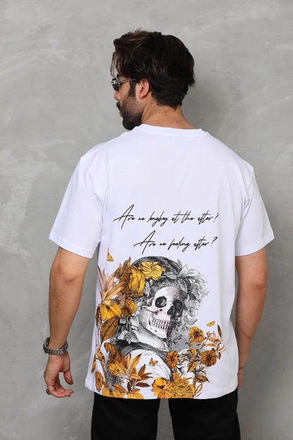 Bisiklet Yaka Baskılı Oversize T-Shirt - Beyaz