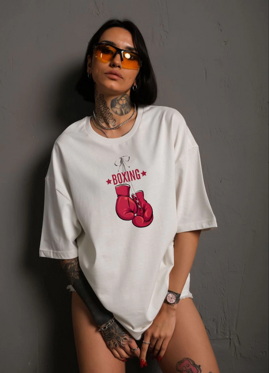 Bisiklet Yaka Baskılı Oversize T-Shirt - Beyaz -