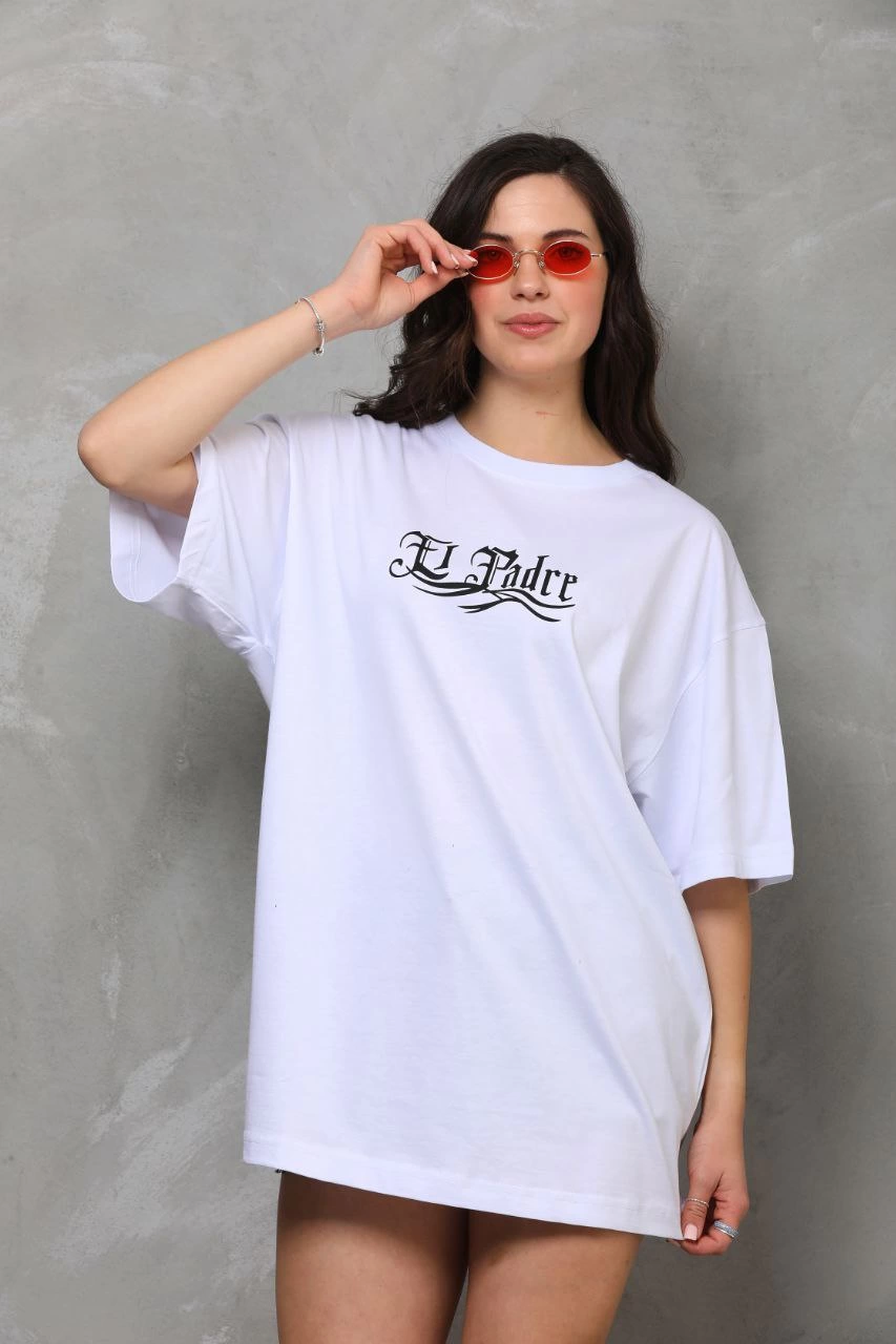 Bisiklet Yaka Baskılı Oversize T-Shirt - Beyaz -