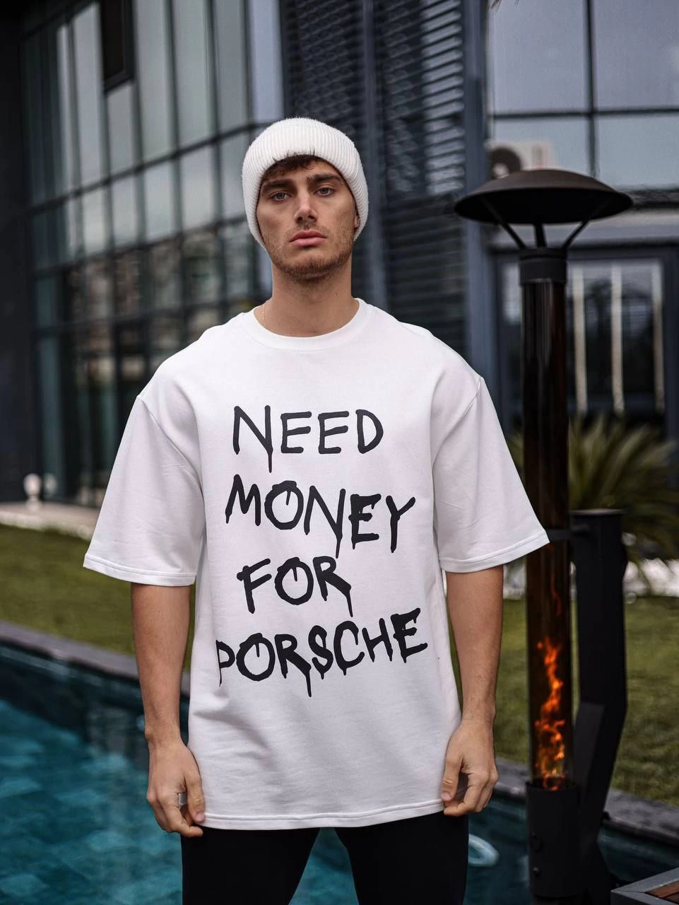 Bisiklet Yaka Baskılı Oversize T-Shirt - Beyaz