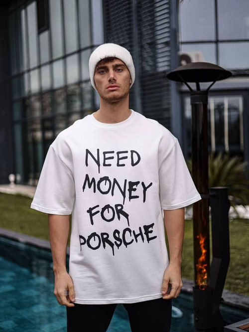 Bisiklet Yaka Baskılı Oversize T-Shirt - Beyaz