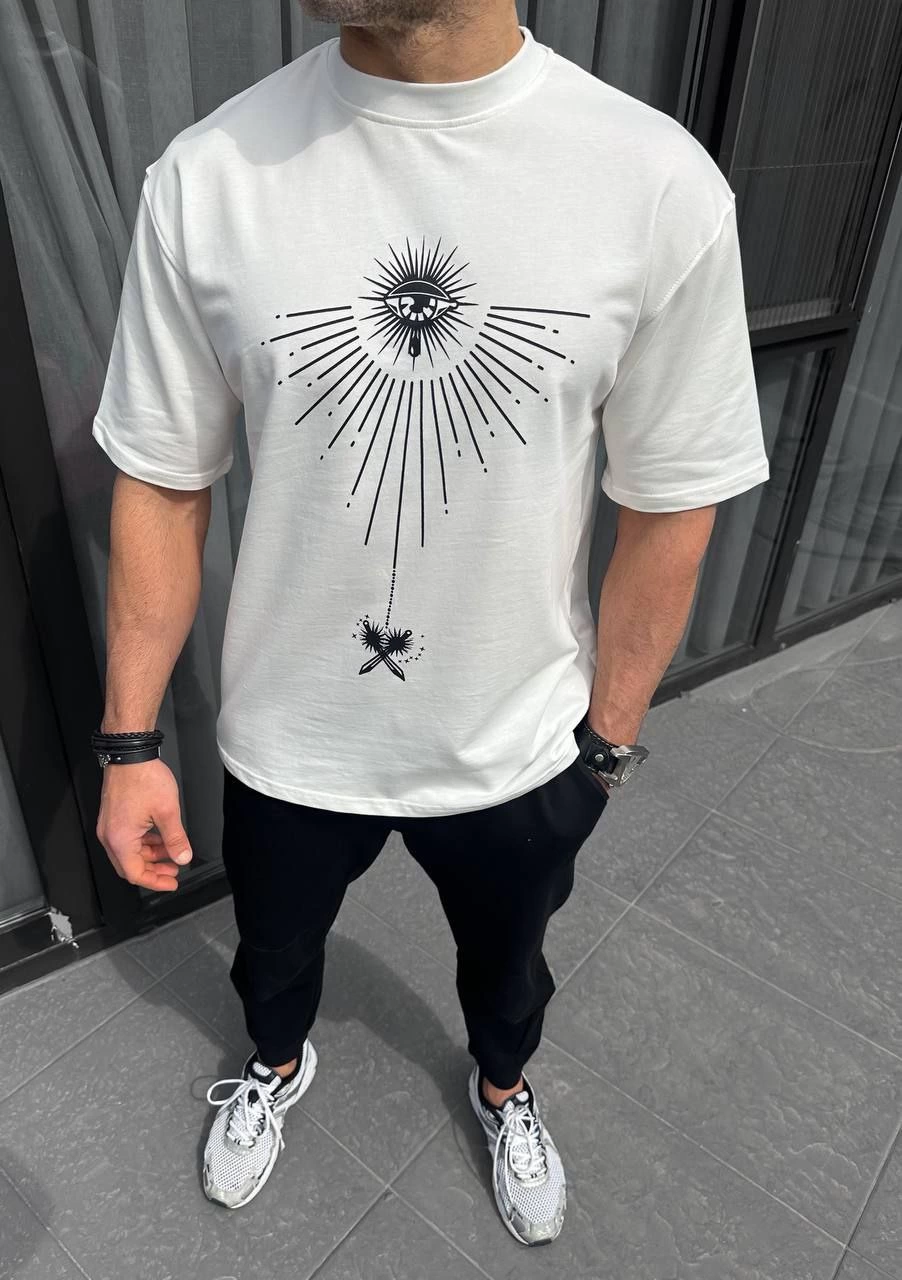 Bisiklet Yaka Baskılı Oversize T-Shirt - Beyaz -