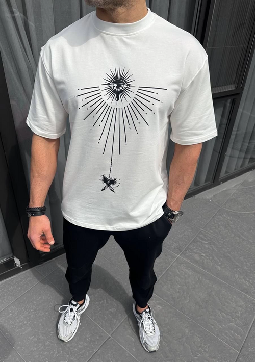 Bisiklet Yaka Baskılı Oversize T-Shirt - Beyaz -