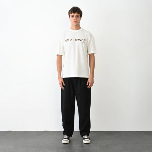 Bisiklet Yaka Baskılı Oversize T-Shirt - Beyaz -