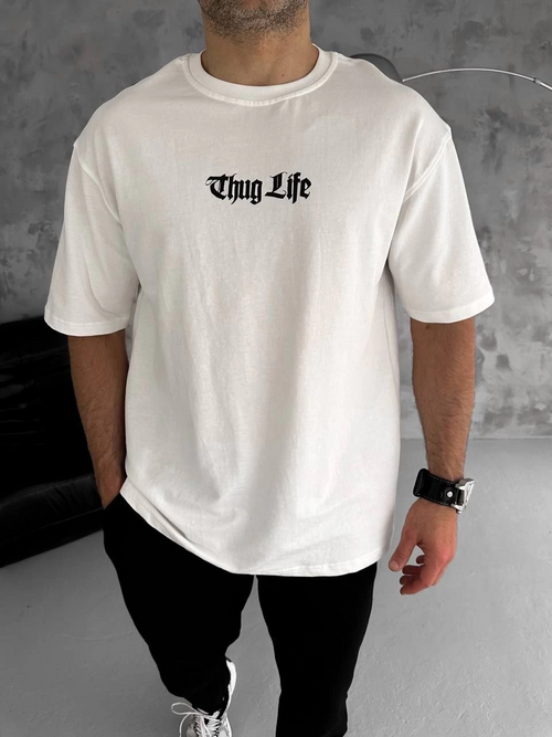 Bisiklet Yaka Baskılı Oversize T-Shirt - Beyaz -