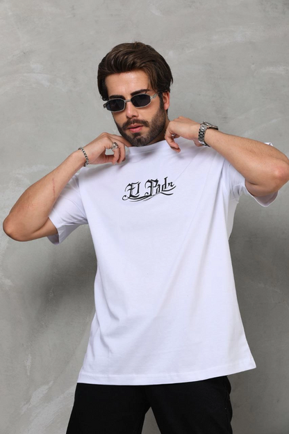 Bisiklet Yaka Baskılı Oversize T-Shirt - Beyaz -