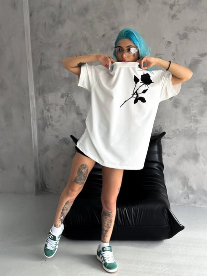 Bisiklet Yaka Baskılı Oversize T-Shirt - Beyaz -