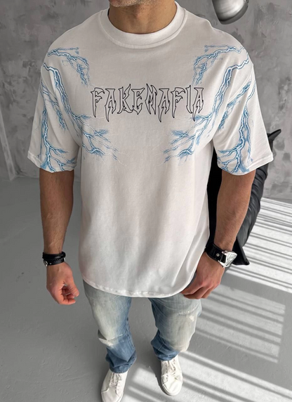 Bisiklet Yaka Baskılı Oversize T-Shirt - Beyaz