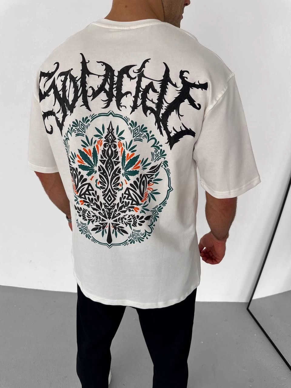 Bisiklet Yaka Baskılı Oversize T-Shirt - Beyaz -
