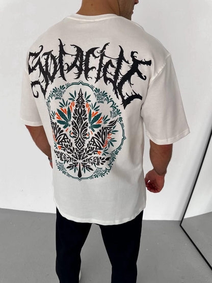 Bisiklet Yaka Baskılı Oversize T-Shirt - Beyaz -